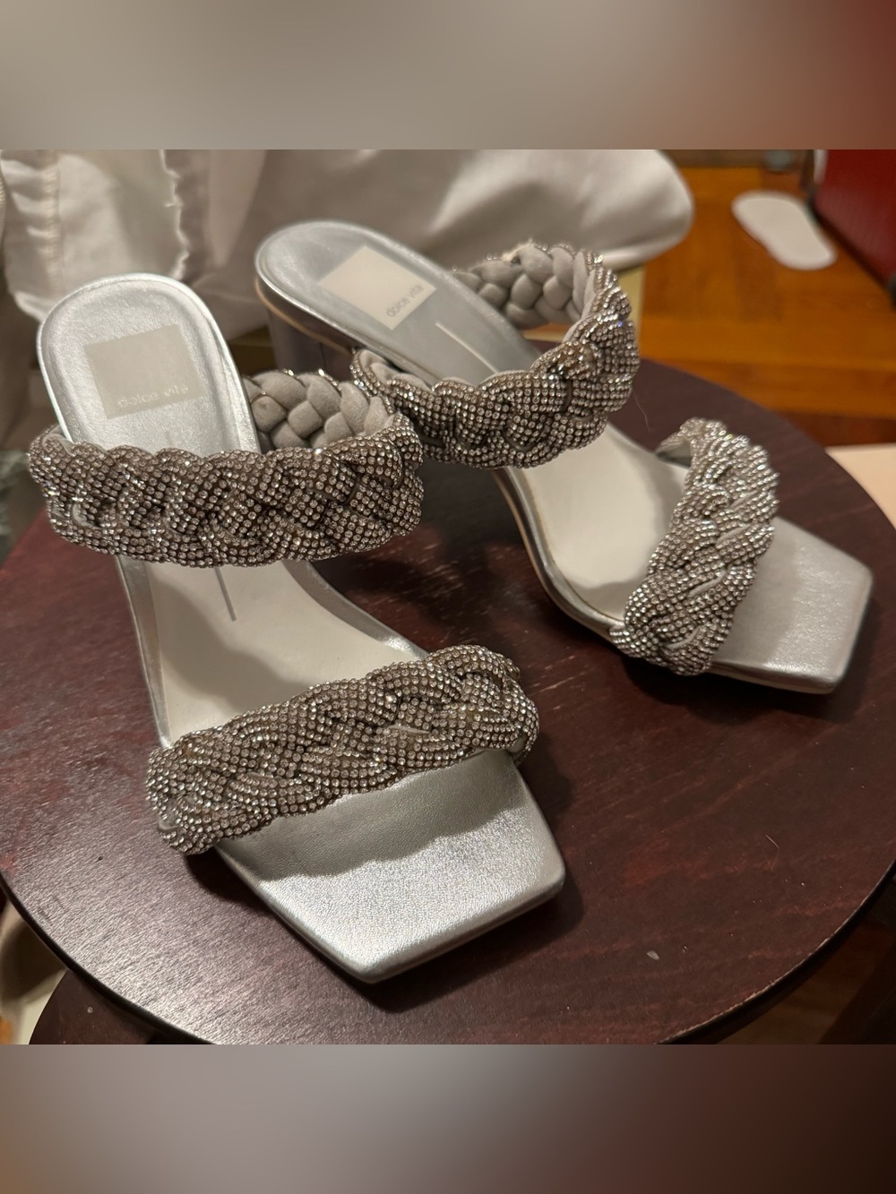 Dolce Vita Silver Braided Crystal Strap Heeled Sandals